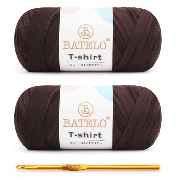 BATELO 2 Pack T-Shirt Yarn for Beginner Crochet Bags/Basket/Coaster, Thick Elastic Yarn 400g/144yds Polyester Fabric (Coffee)