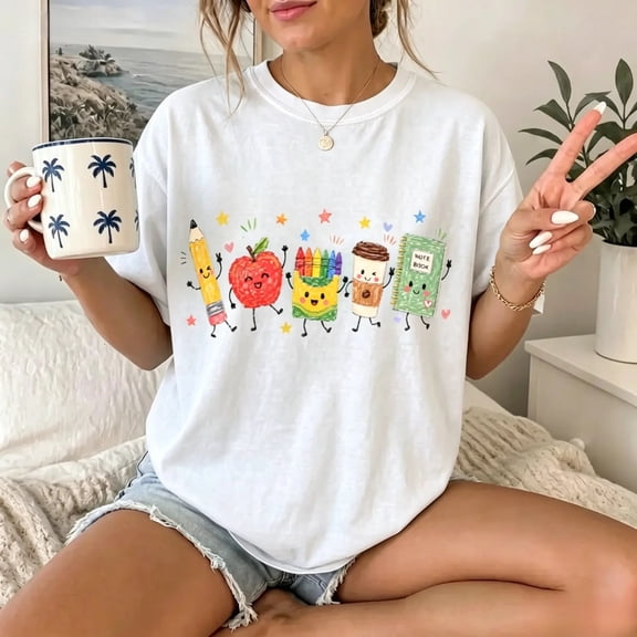 Back to School T-Shirt, Cute School Supplies Graphic Tee, Teacher Apple Pencil Notebook Shirt, Classroom Aesthetic Gift