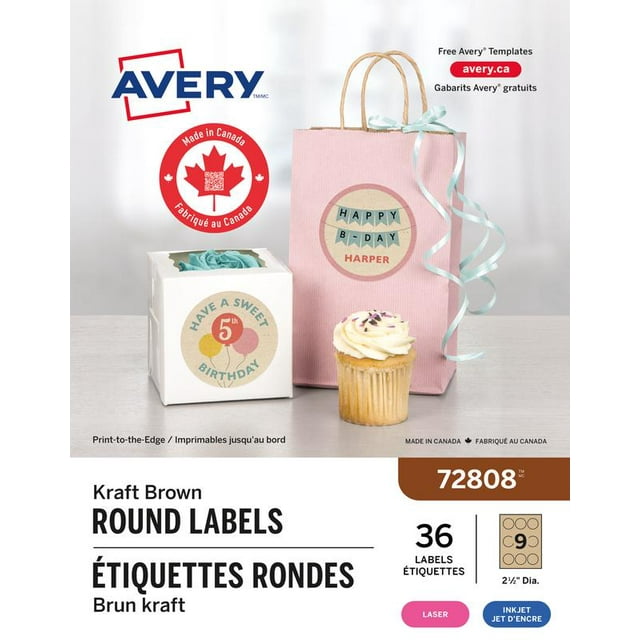 Avery Kraft Brown Round Labels, 2½" Diameter, Permanent Adhesive, for Laser and Inkjet Printer - 72808