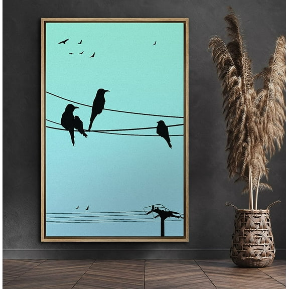 PixonSign Framed Canvas Print Wall Art Teal Sky with Birds Animals Wildlife Illustrations Modern Art Minimalist Scenic Fun Multicolor Ultra for Living Room, Bedroom, Office - 16"x24" Natural