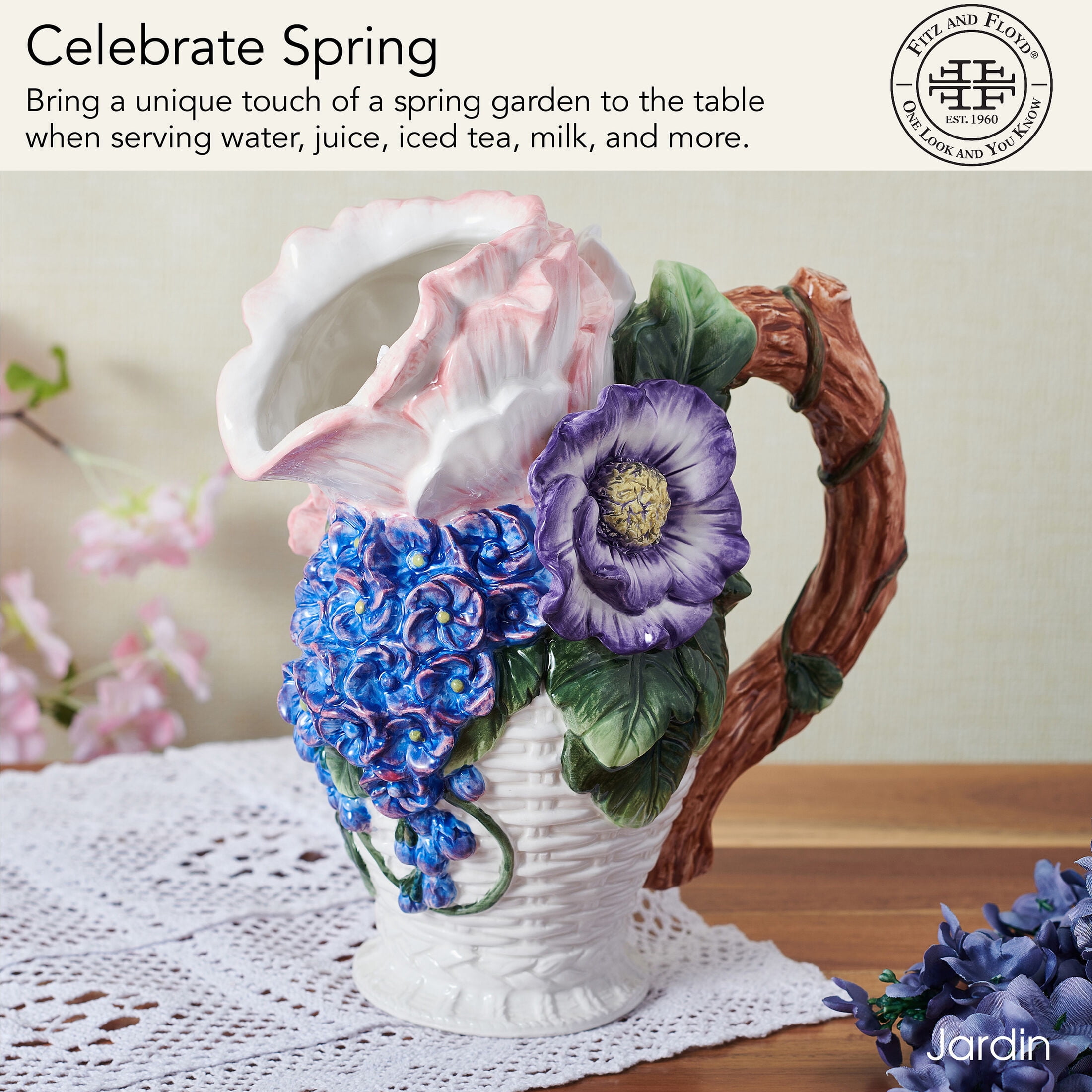 Fitz and Floyd Jardin Bouquet Flower 9 1/2 in Pitcher
