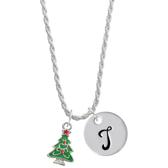 Delight Jewelry Silvertone Green Christmas Tree with Red Crystals Silvertone Script Initial Disc - T - Charm Necklace, 20"+3"