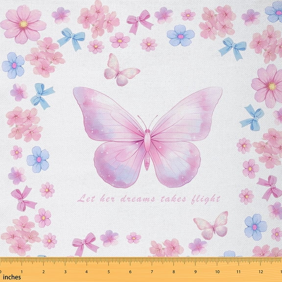Homewish Girly Pink Butterfly Fabric by the Yard 2 Yards for Girls, Kawaii Cherry Blossoms Sewing Fabric, Cute Cartoon Fabric for Sewing, Luxury Bedroom Decor