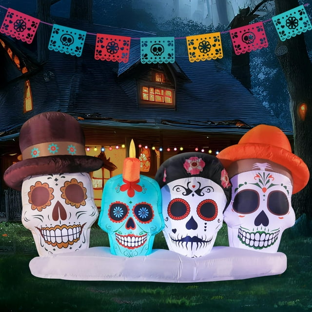 DomKom Decoraciones inflables para Halloween, Día de Los Muertos, Calaveras de Catrina del Día de los Muertos de 8 pies, LED incorporados para fiestas navideñas, jardín, césped, patio, decoración de p