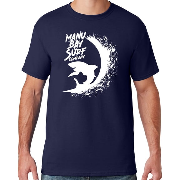 Mens Manu Bay Surf Company WHITE SURFING SHARK T-shirt, 3XL Navy Blue
