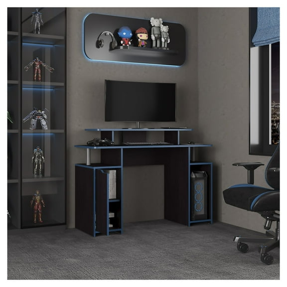 Keria 47" Wide 2-Tier Gamer Desk With Three Shelves And PC Tower Stand, Black