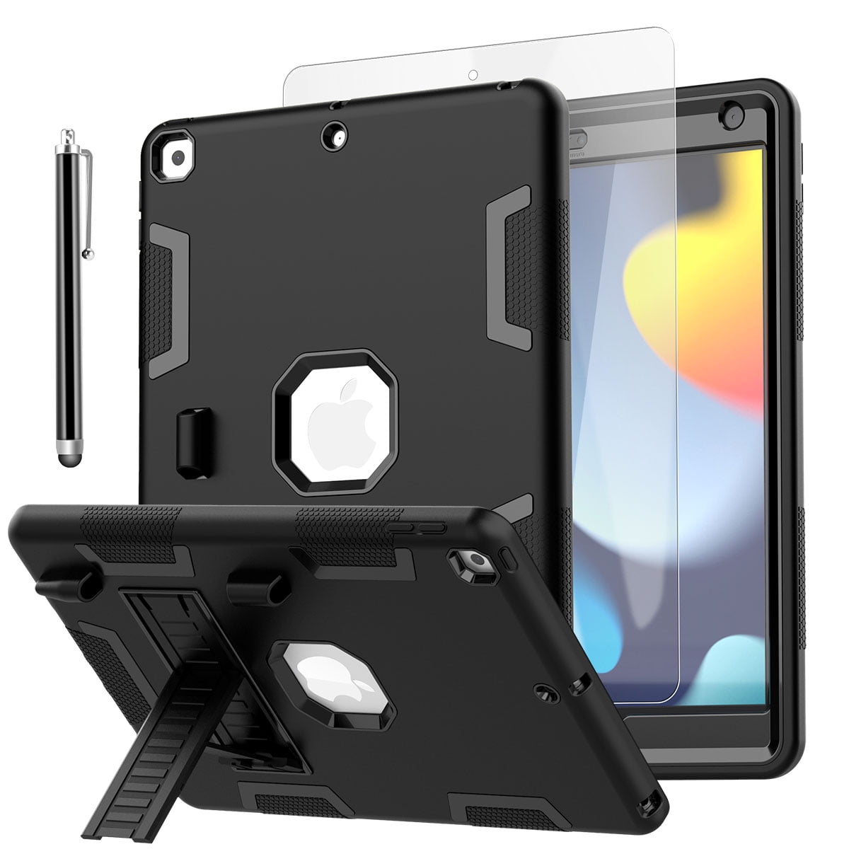 For iPad 9th Generation 10.2" Case Heavy Duty Shockproof Cover+Screen Protector(Black)