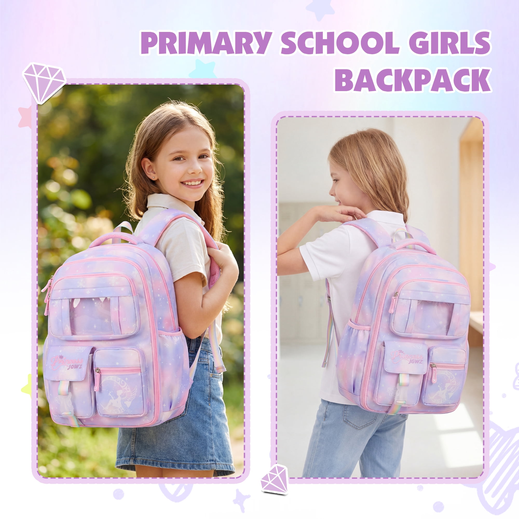 DAKIMOE School Backpack Book Bags Primary Middle School Bags for Kids Girls Teens Back to School Large Bookbags with Multi Pocket for 7-14 Years Purple