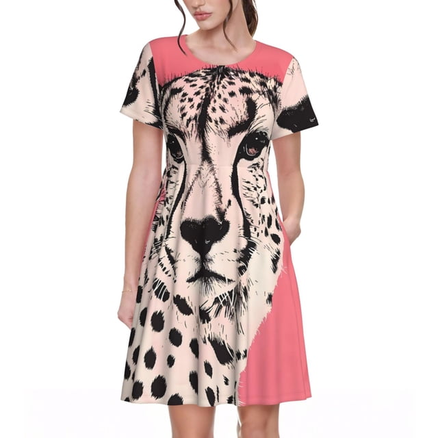 Easygdp Pink Cheetah Art para Vestido Transpirable de Mujer, Vestido Suelto de Manga Corta con Pliegues y Bolsillos para el Verano