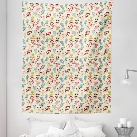 Chinese Tapestry, Funny Doodle Animals of Chinese Zodiac New Year Such as Goat Monkey Dog, Fabric Wall Hanging Decor for Bedroom Living Room Dorm, 5 Sizes, Multicolor, by Ambesonne