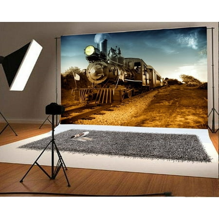 HelloDecor Polyster 7x5ft Old Steam Vintage Locomotive Backdrop Rail Road Tracks Dry Grass Field Blue Sky White Cloud Autumn Nature Outdoor Travel Photography Background Kids Adults Photo Studio