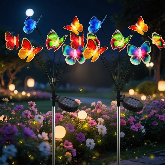 Rirool 2 Pack Solar Garden Lights Outdoor, Multicolor Butterfly Swaying LED Stake Lights Waterproof Solar Powered Yard Lights for Pathway Lawn Patio Garden Landscape Decor Gifts