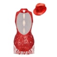 thumbnail image 2 of Jowowha Glittery Sparkly Bodysuit For Women Fringe Dance Leotard with Hat Latin Jazz Ballroom Red M, 2 of 7