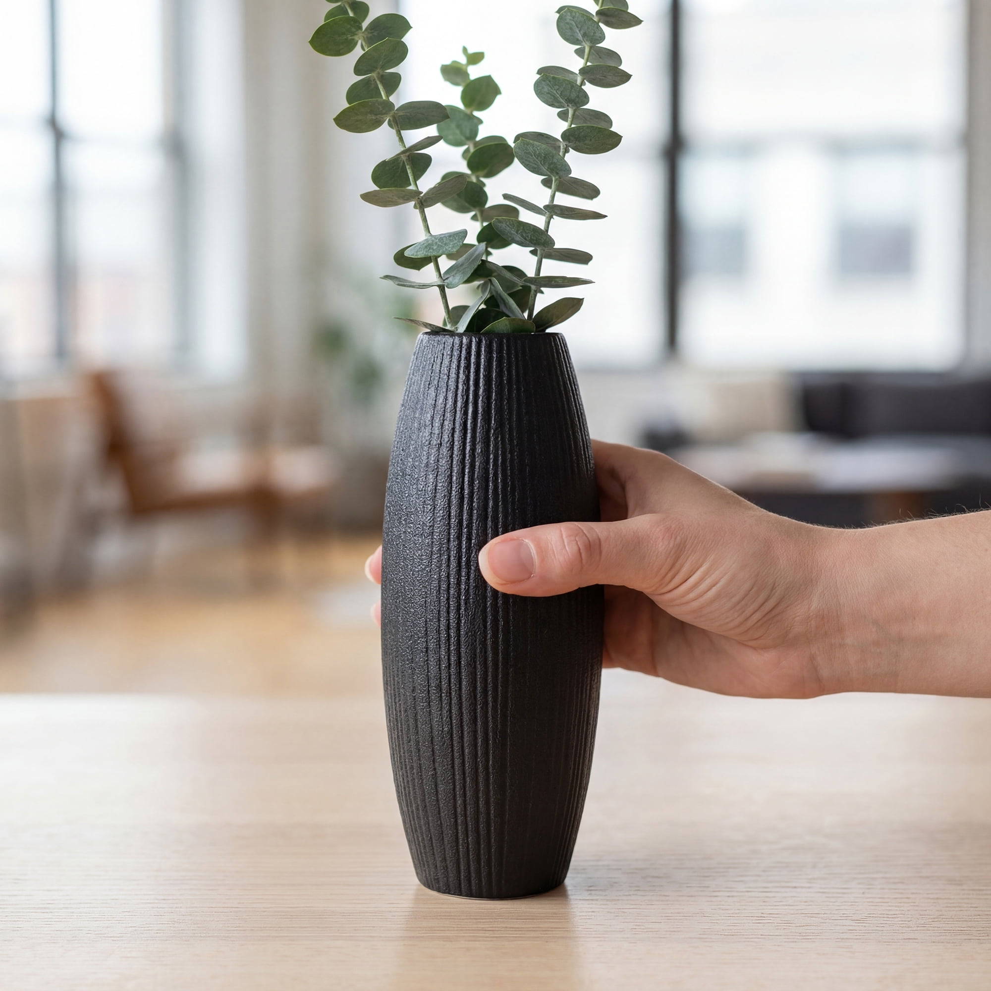 Unique Bargains Modern Decor Tall Ribbed Flower Vase Matte Black 3.0" x 3.0" x 7.1"