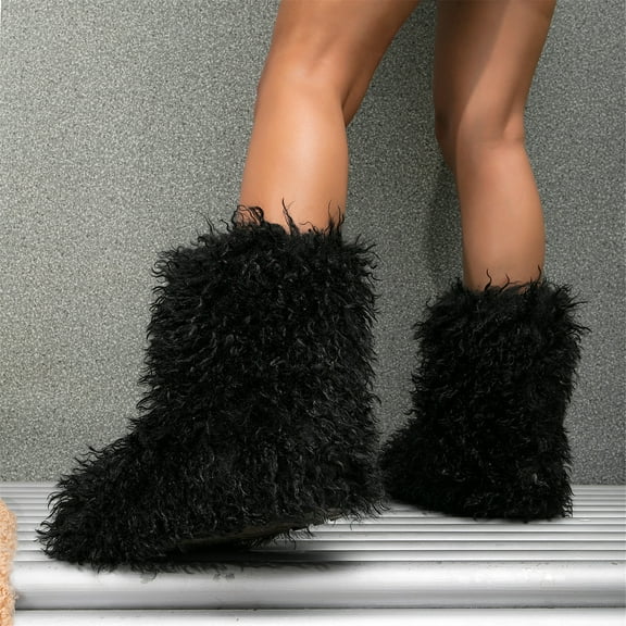 Women Winter Fluffy Faux Mongolian Fur Mid-Calf Snow Boots Lady's Fashionable Outdoor Y2K Non-slip Plush Warm Boots