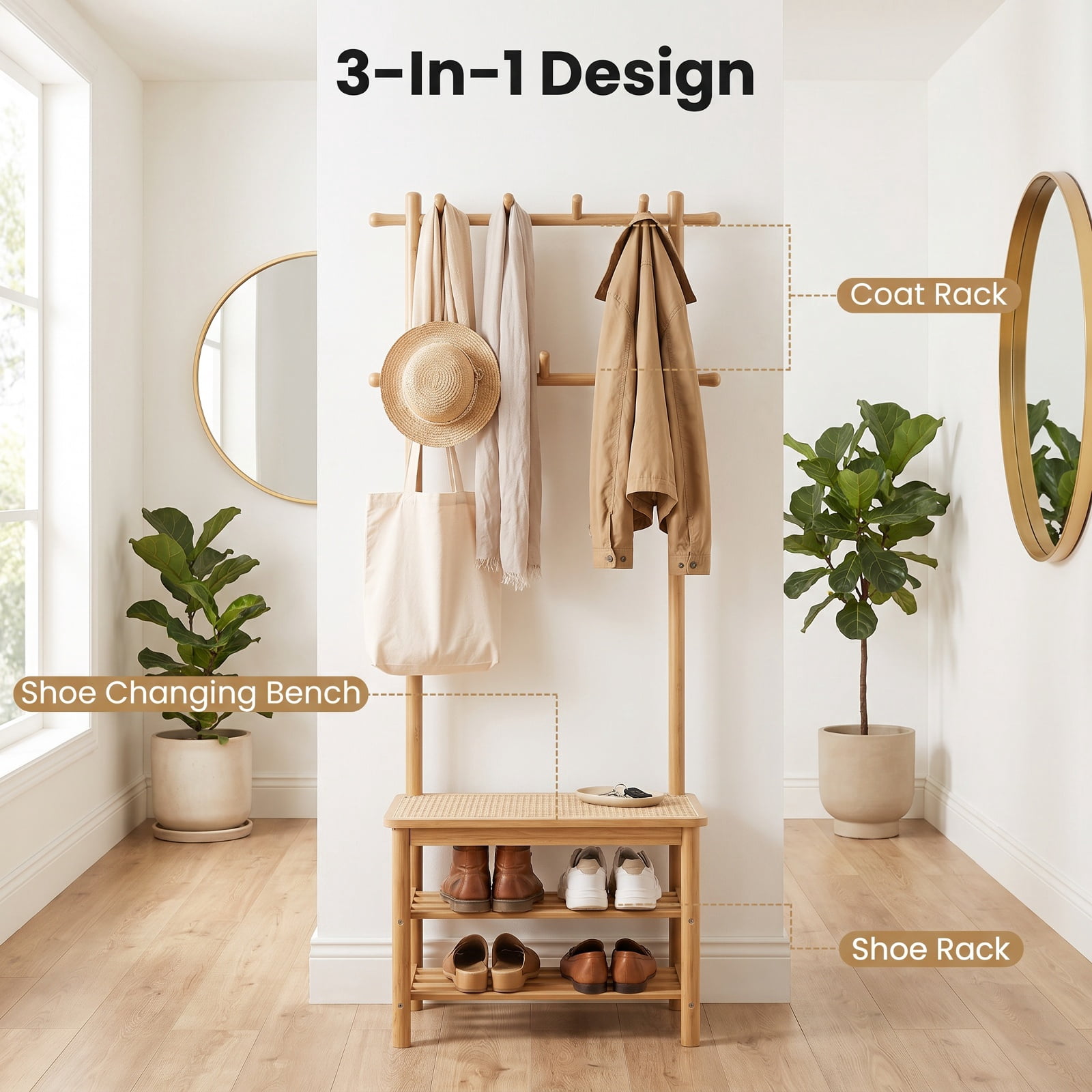 Furnibear 3 in 1 Bamboo Hall Tree Coat Rack with Bench and Shoe Storage and 11 Hooks for Entryway and Foyer and Hallway, Natural