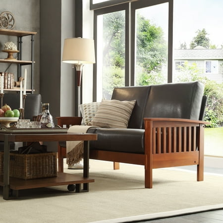 - Weston Home Mission Oak Faux Leather Loveseat Couch, Dark Brown Seat Cushions
