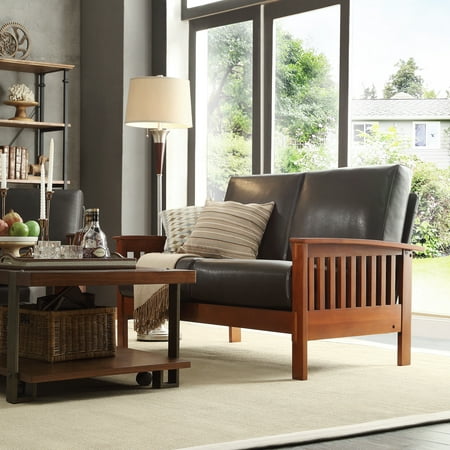 Weston Home Mission Oak Loveseat with Cushions, Brown Faux Leather