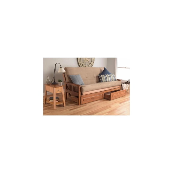 French Country Full Futon Frame Set with Mattress and Storage Drawers, Classic Foldable Hardwood Frame, Easily Converts To Bed