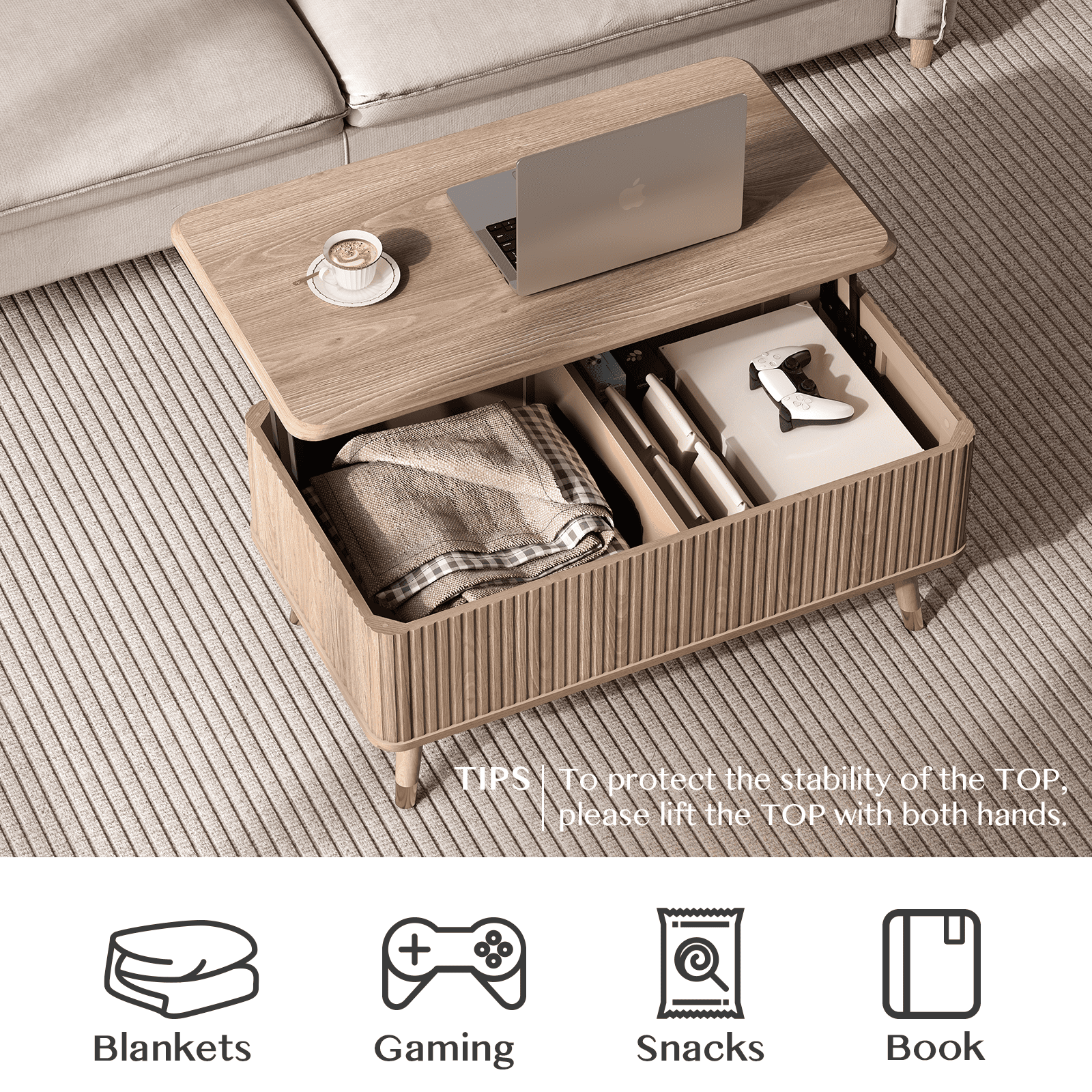 JOINICE Lift Top Coffee Table with Storage,Small Rectangle Center Table for Living Room,Oak