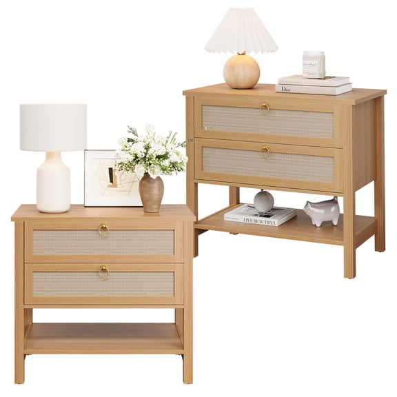 Boho Rattan bedside table Set of 2 – with 2 Drawers & Storage Shelf, Modern Farmhouse Bedside Tables, Wide Design for Bedroom