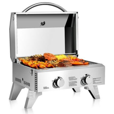 Gymax 2 Burner Portable BBQ Table Top Propane Gas Grill Stainless (Best Tailgate Gas Grill)