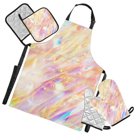 

5-Piece Kitchen Apron Set with Heat-Resistant Gloves & Insulation Mats for Cooking Baking BBQ Colorful Light Streaks