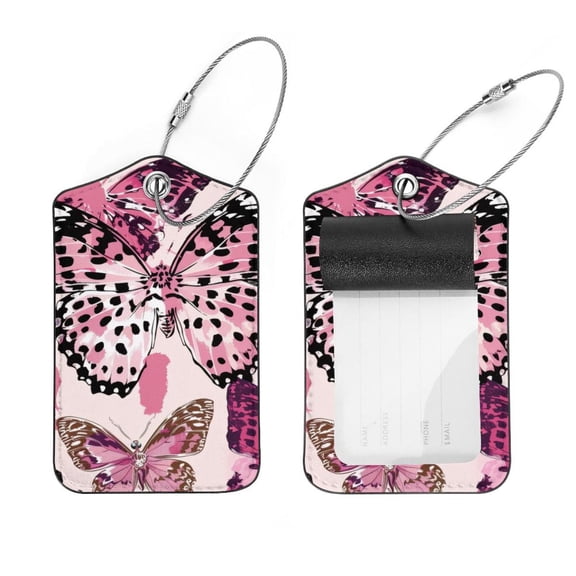 PhooArto 2 Pcs Luggage Tags, Pink Butterfies Pattern Privacy Cover ID Label with Stainless Steel Loop and Address Card for Travel Bag Suitcase