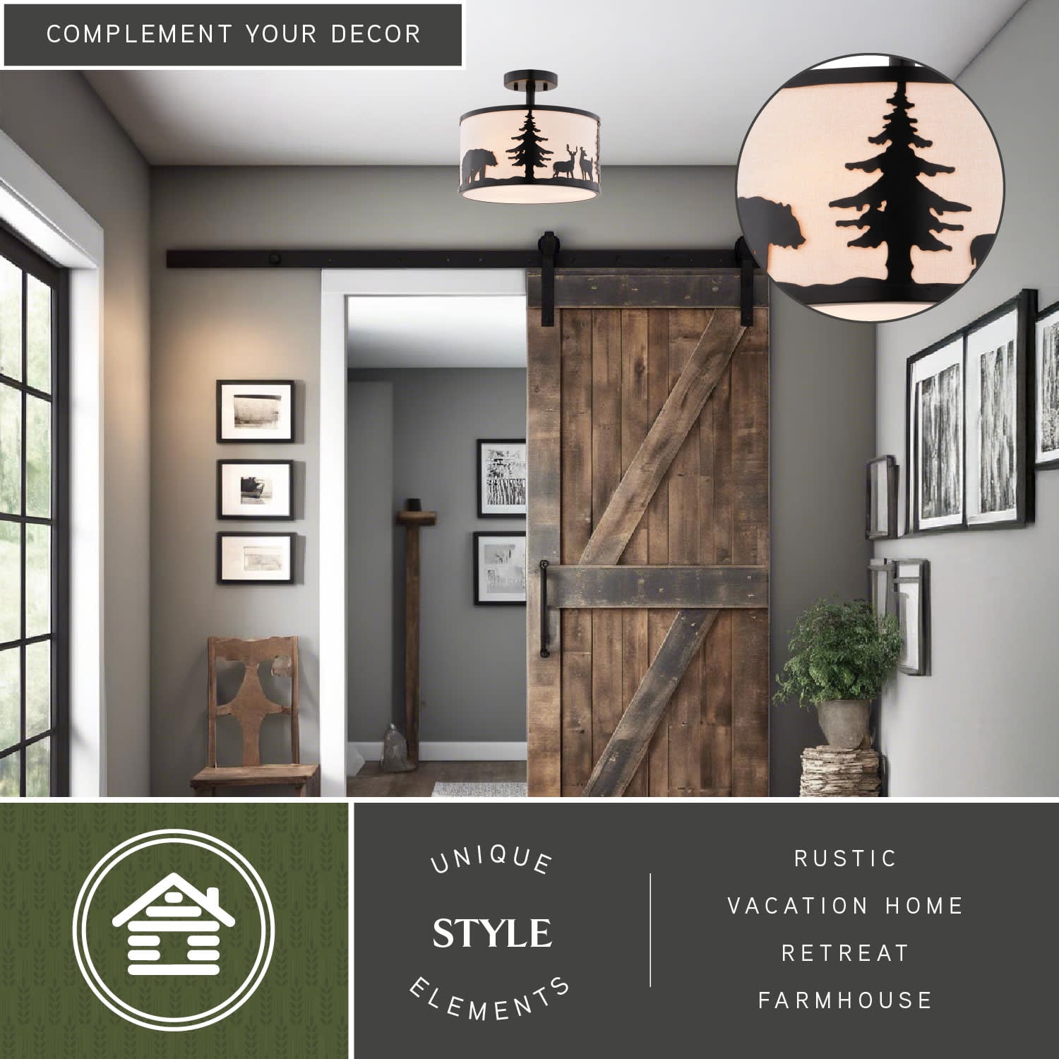 Acadia 13-in W Bronze Rustic Semi Flush Mount Ceiling Light White Linen Deer Tree