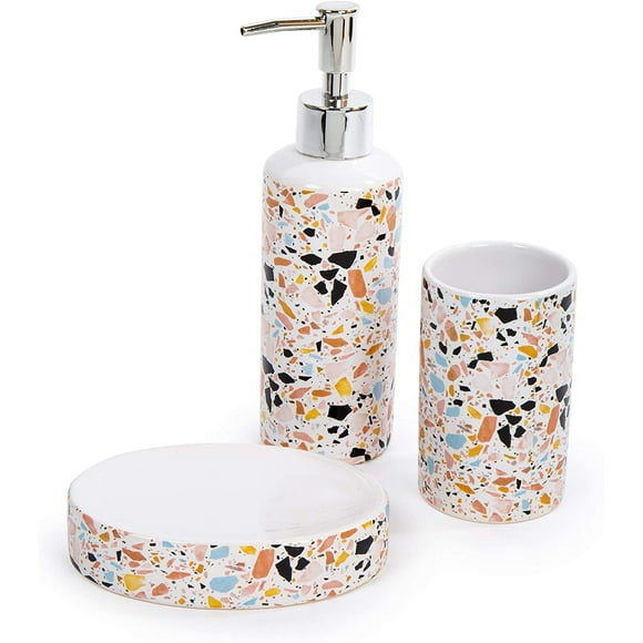 shiyou-3-Piece Stylish Mosaic Terrazzo Print Bathroom Accessory Set, 8 x 7 inches, Orange