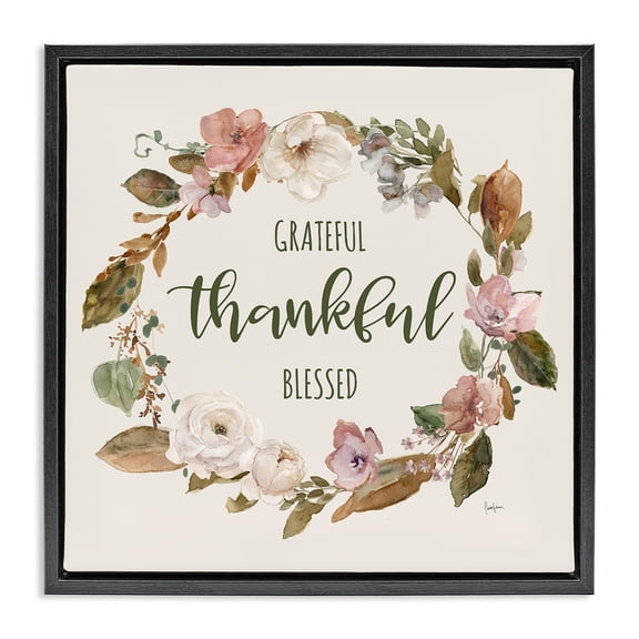 Stupell Industries Farmhouse Elegant Gratitude Wreath Black Floating Frame Canvas Art, 18 x 18, by Livi Finn
