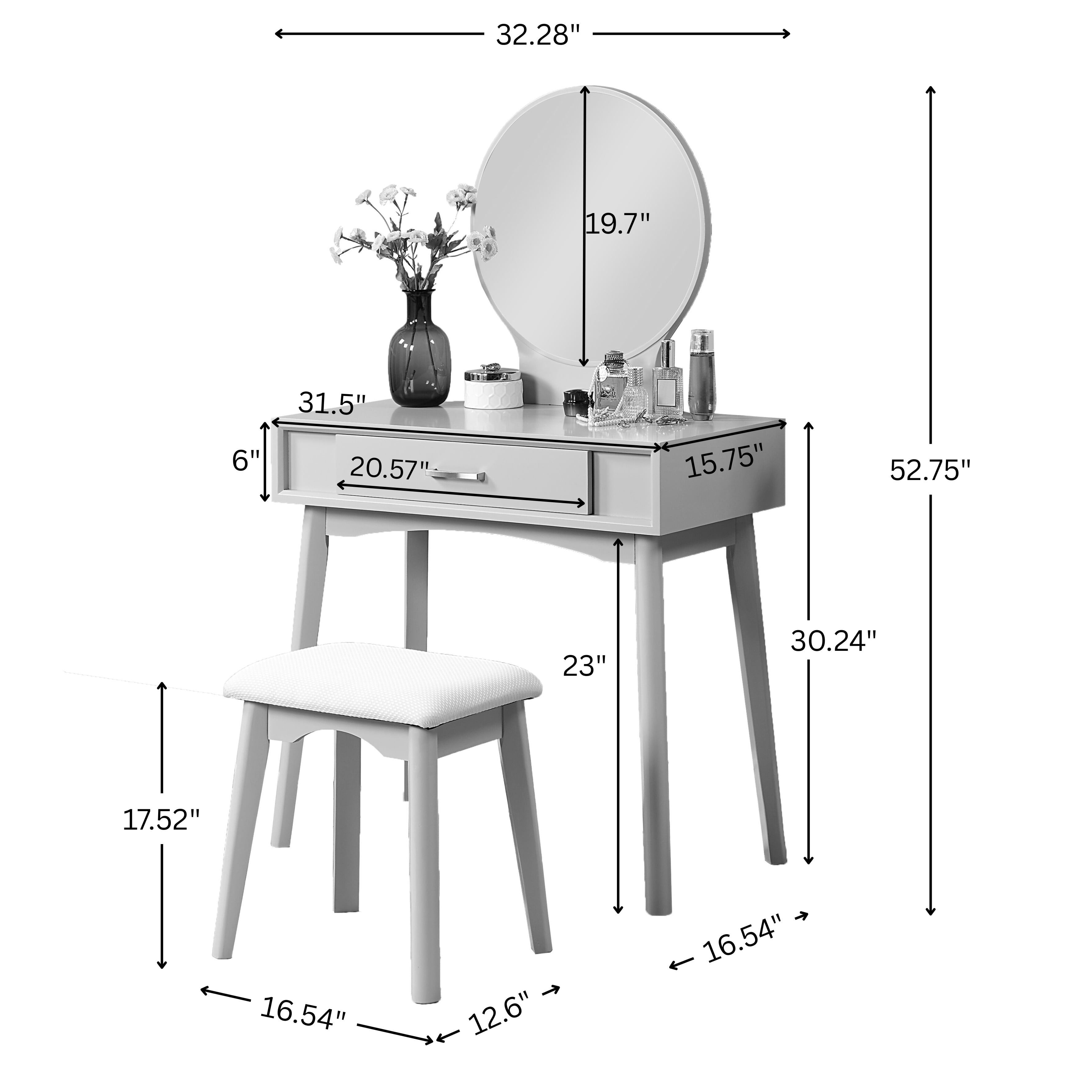 Mintazer Modern Vanity Table Set, Round Mirror Makeup Dressing Table with Drawers & Upholstered Stool for Bedroom, Pink