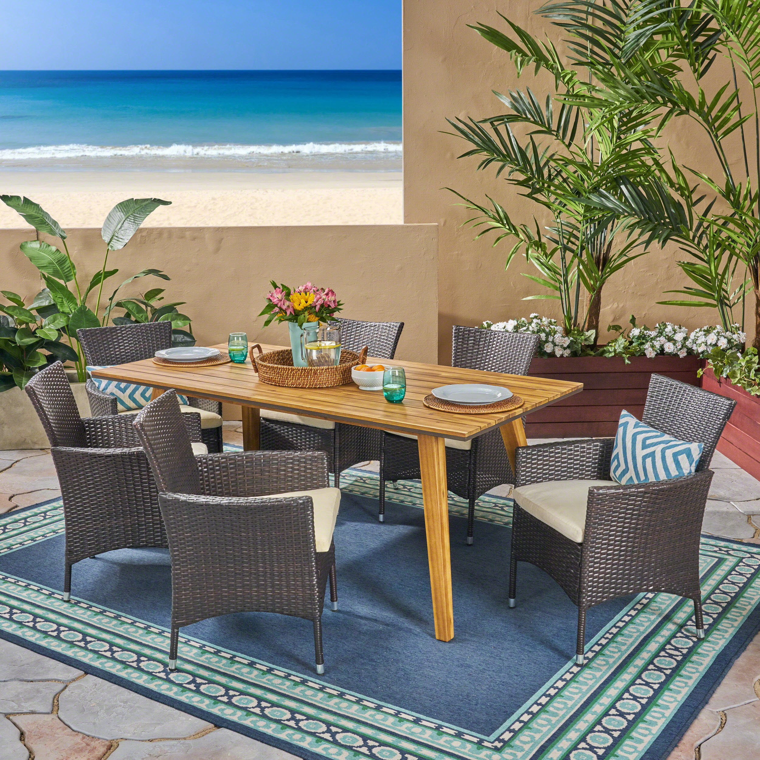 Liam Outdoor 7 Piece Acacia Wood Dining Set with Wicker Chairs, Teak Finish - image 5 of 10