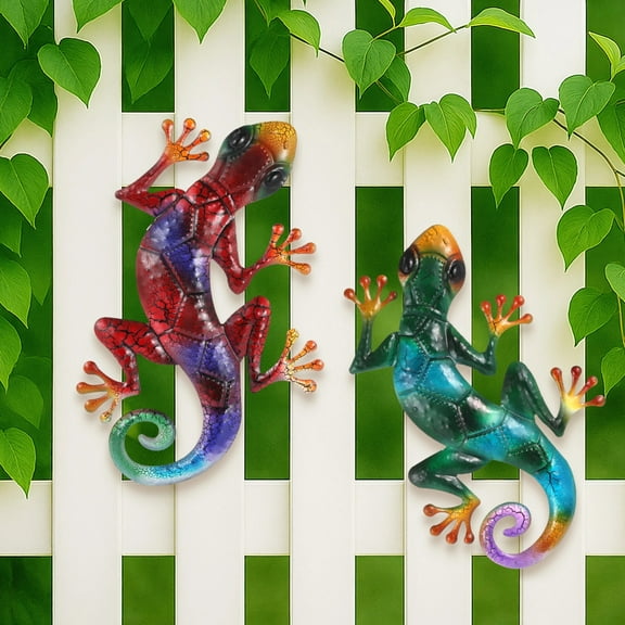 2 PCS Metal Gecko Outdoor Decor, Colorful Metal Lizard Wall Hanging Sculpture Decoration for Indoor and Outdoor, 17 x 10.6 in Garden Yard Fence Porch Wall Art for Home Patio or Living Room
