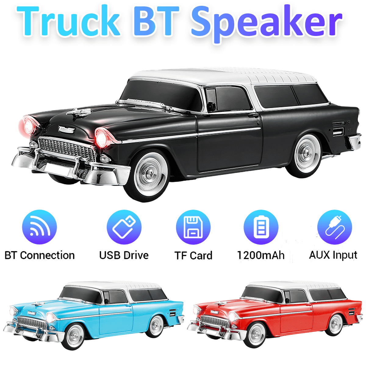 Portable Bluetooth Speaker Rechargable 1955 Vintage Retro Car Portable Wireless FM AUX USB Black