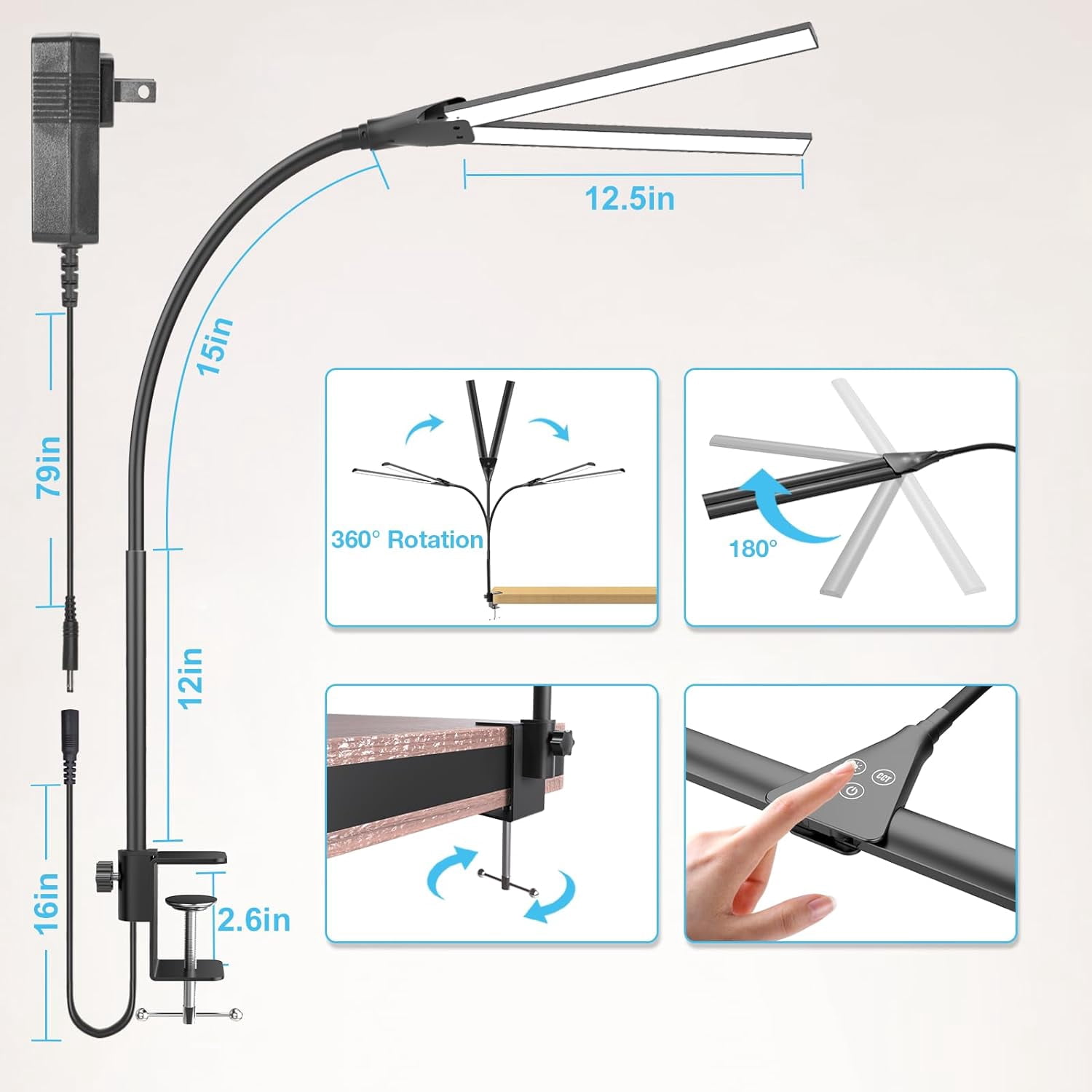 LED Desk Lamps for Home Office, Double Head Monitor Light - Flexible Hose, Adjustable Height, 5-Level Dimmable Eye-Caring Brightness & Color, Architect Lamp for Work, Study