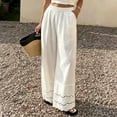 thumbnail image 2 of Womens Linen Lace Trim Pants Summer Boho Elastic Waist Wide Leg Palazzo Pants Flowy Pull on Vacation Beach Pants, L, 2 of 7