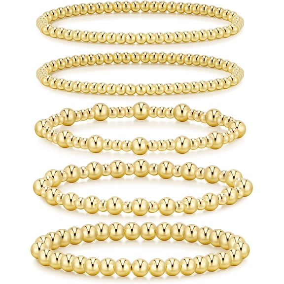 Women's 14K Gold Plated Beaded Bracelet Gold Stretch Bead Ball Bracelet Stacking Set Decoration