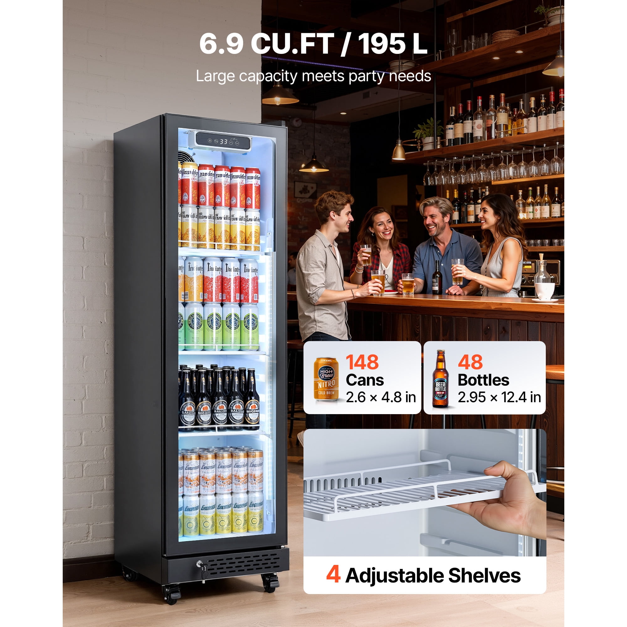 KFFKFF Commercial Glass Door Refrigerator, 6.9 Cu.Ft / 195L Upright Beverage Cooler with Adjustable Shelves, LED Lighting & Casters for Home, Shops, and Bars