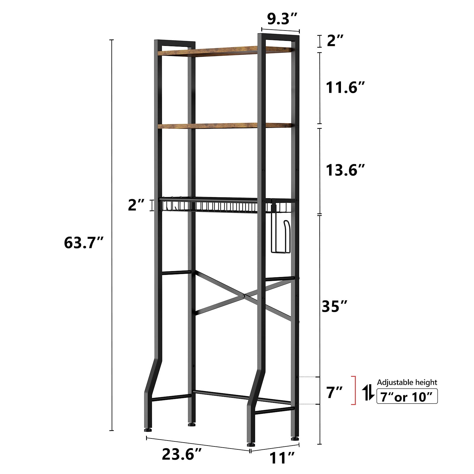 Biemlerfn Over The Toilet Storage Shelf, 3-Tier Wooden Bathroom Organizer Freestanding Space Saver with Toilet Paper Holder and 3 Hooks, Brown