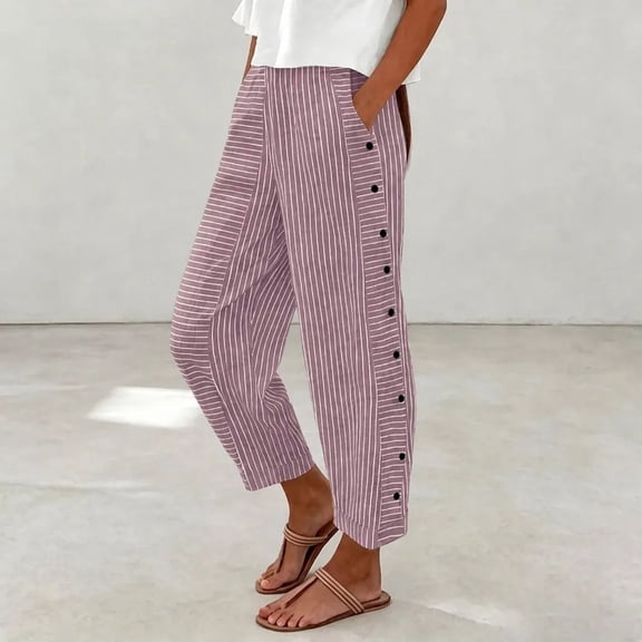 JOANKDMI Cropped Pants for Women Striped Casual Summer Capris High Elastic Waist Loose Fit Wide Leg Flowy Trousers with Side Buttons Pockets Vacation Essential