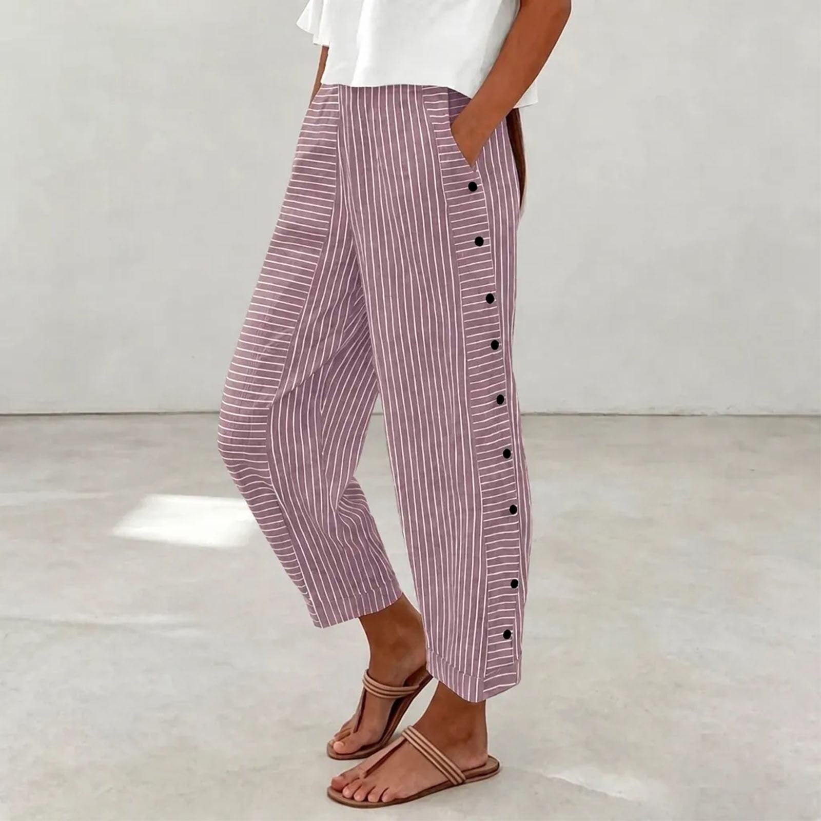 JOANKDMI Cropped Pants for Women Striped Casual Summer Capris High Elastic Waist Loose Fit Wide Leg Flowy Trousers with Side Buttons Pockets Vacation Essential