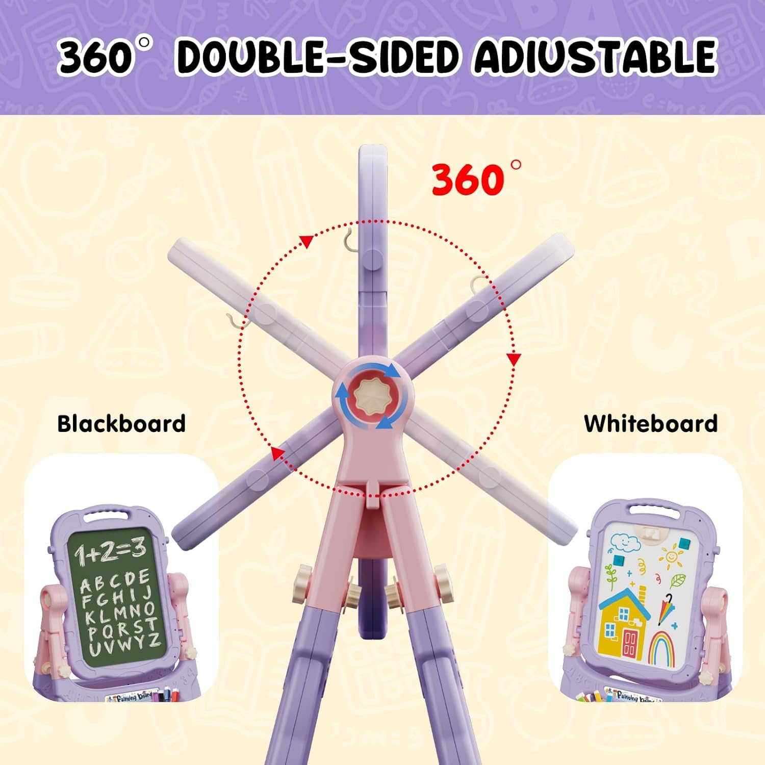 AuntyFey Art Easel for Kids, Adjustable Double-Sided with Chalk Board & Magnetic Whiteboard for Toddlers, Pink&Purple