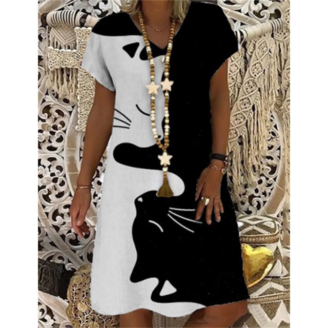 New Women Sundress Creative Lovely Cat 3D Print Ladies Summer Loose Beach Dress Casual Short Sleeve V-neck A-line Dress VestidosXXXL Gao Jinjia LED