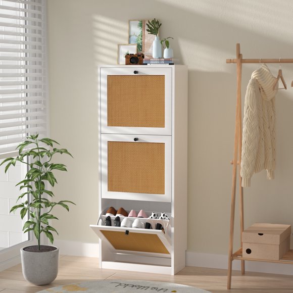Eumyviv 3-Tiers Shoes Cabinet, Freestanding Shoe Cabinet Organizer with 3 Flip- Drawers and Adjustable Shelves, Shoe Rack for Entryway Hallways Bedrooms, White S0003