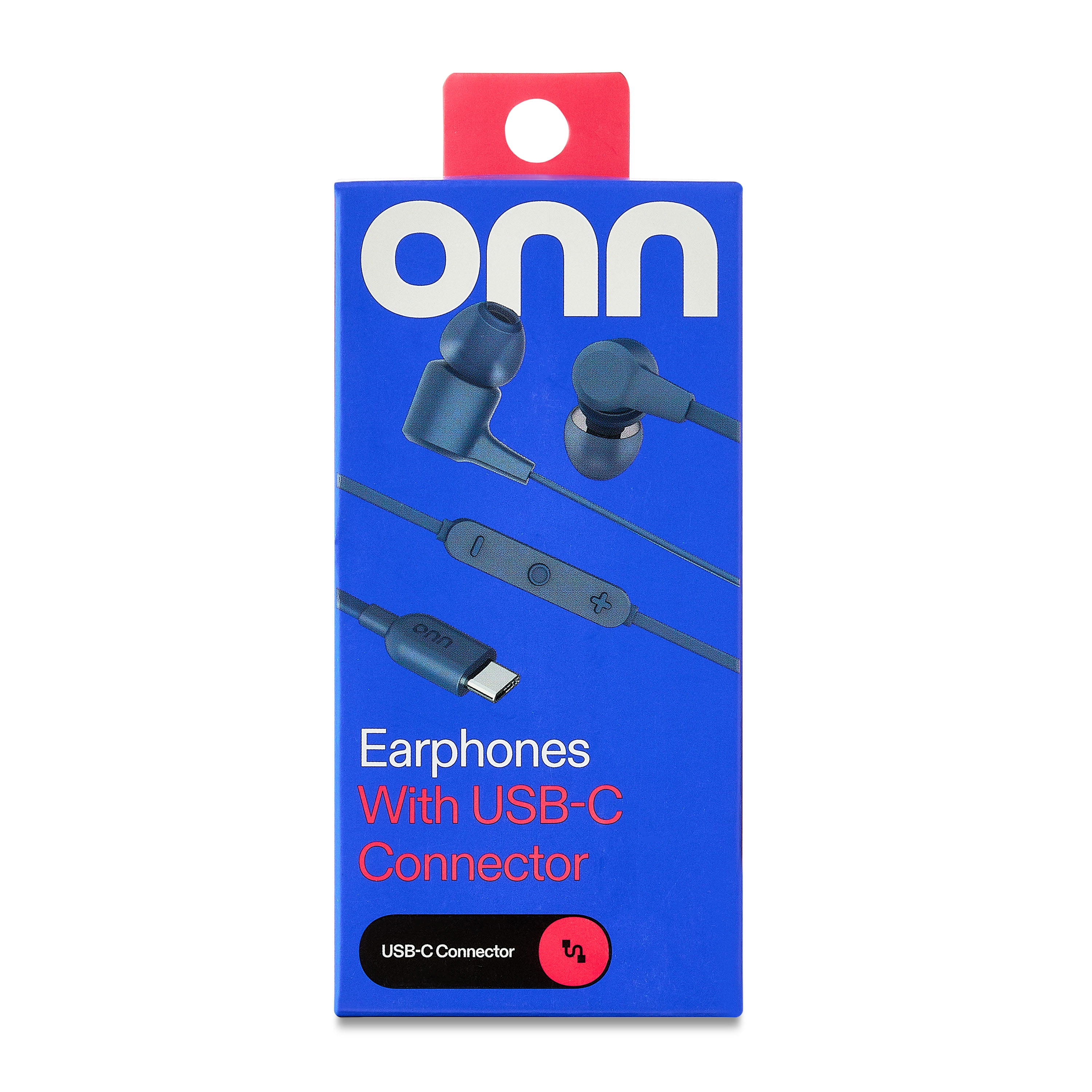 onn Earphones with USB-C Connector, Built-In Microphone, Navy