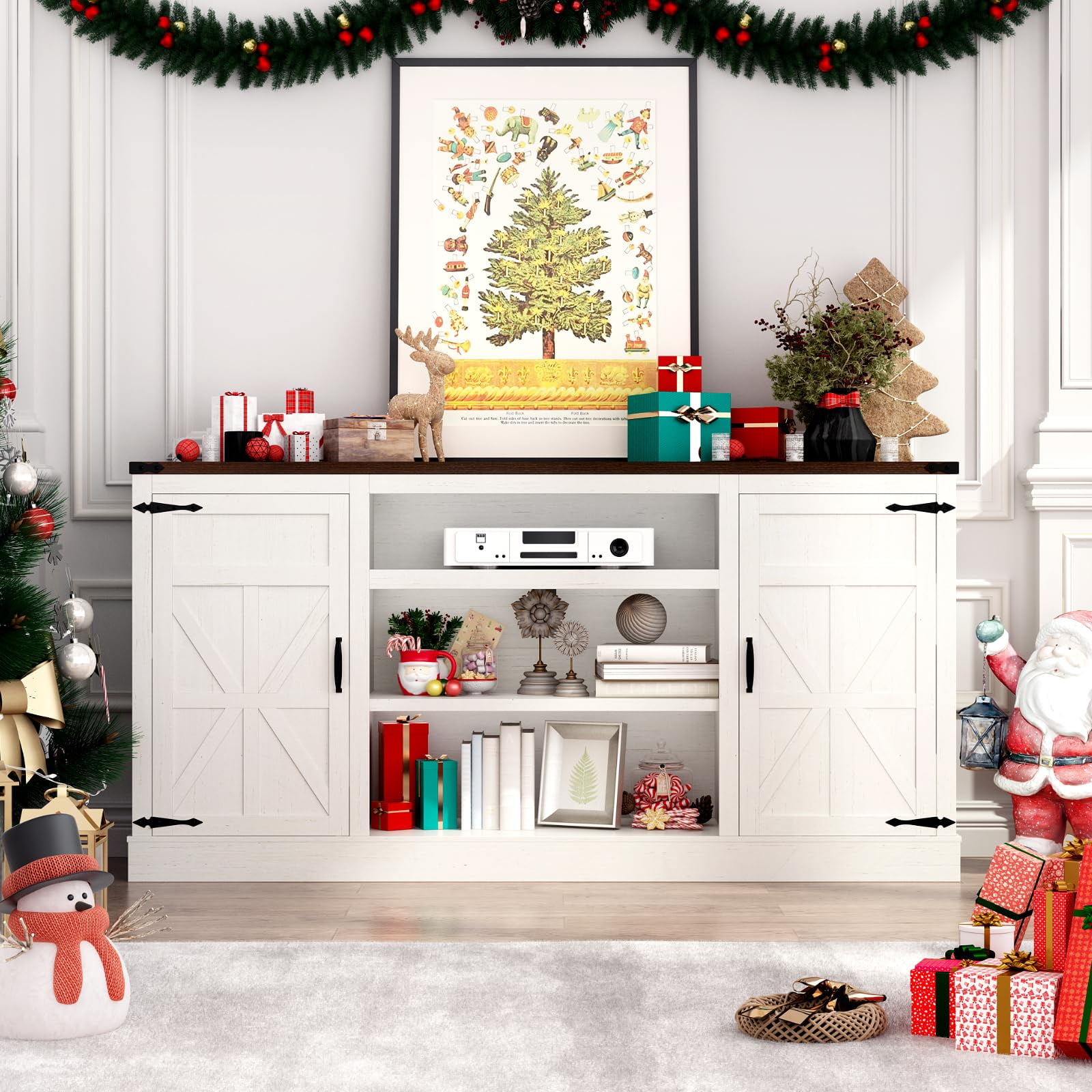 ChVans Farmhouse TV Stand for 65" 70" up 75" TVs with Power Outlet, 33" Tall TV Stand Entertainment Center with Storage, White TV Consoles For Living room Bedroom