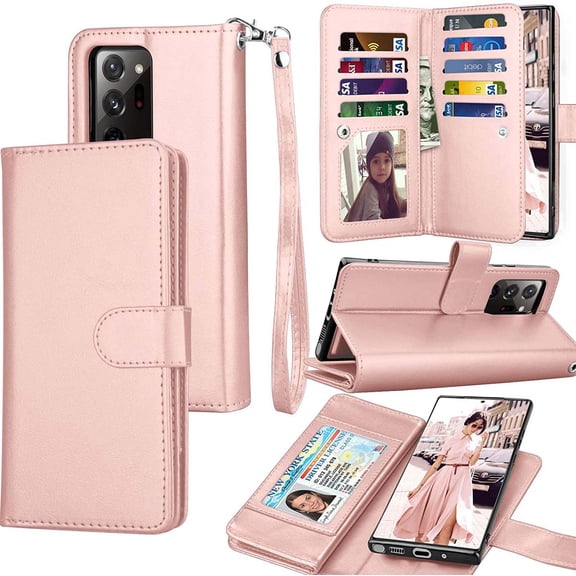 Galaxy Note 20 Ultra Case, Note 20 Ultra 5G Wallet Case, Luxury Cash Credit Card Slots Holder Carrying Flip PU Leather Cover [Detachable Magnetic Hard Case] For Samsung Galaxy Note20 Ultra [Rose Gold]
