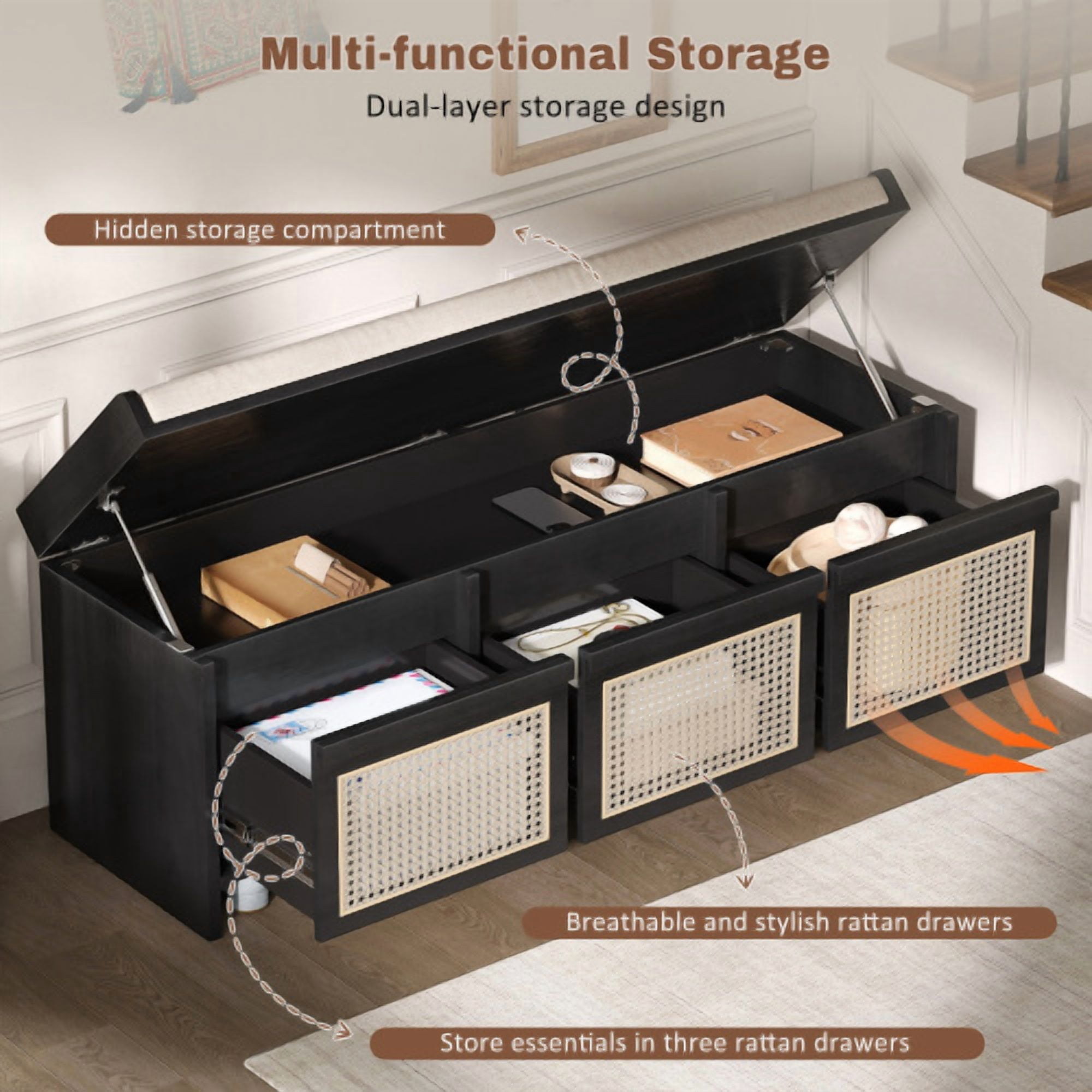 48" Retro Entryway Shoe Storage Bench with Rattan Drawers & Removable Button-Tufted Cushion, Black