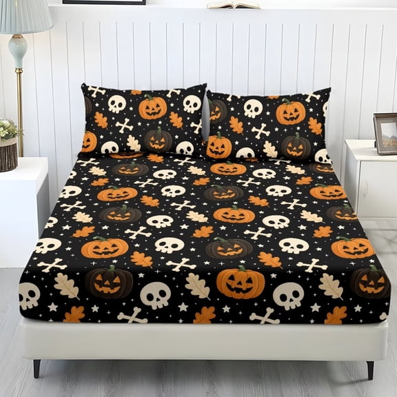COEQINE Twin Size Sheet Set Soft Wrinkle Free 3 Pieces Bed Sheets Set with Deep Pocket Bedsheet & Pillowcases for Halloween Home Decor, Pumpkin Skull Oak Leaves
